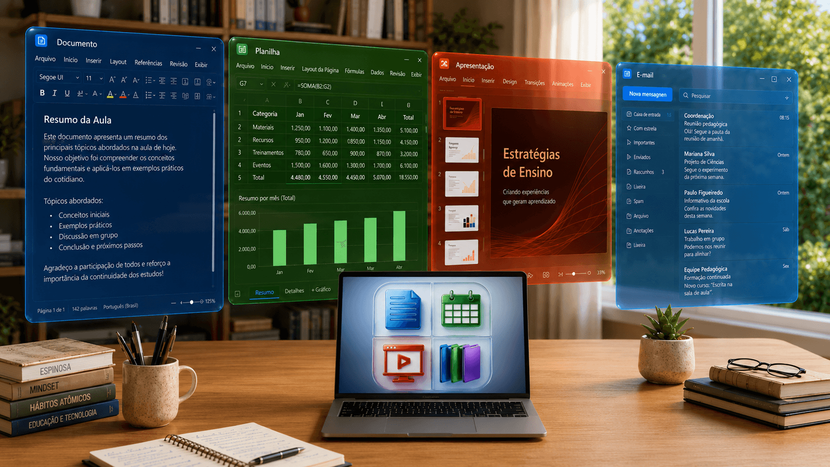 Vulcan Office: documentos, planilhas, apresentações e e-mail flutuando sobre um laptop